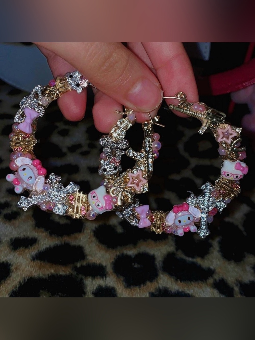 Hello Kitty Inspired Pink & Gold Charm Hoop Earrings